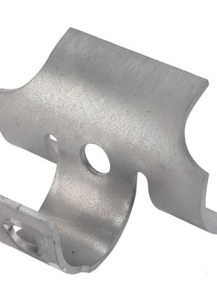 A curved metallic bracket with two circular holes, one rectangular hole, and notches at both ends, perfect for use in Fendt Models — Massey Ferguson - Shell - 0338-30-00-00 by AGCO.