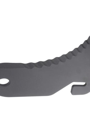 The AGCO Massey Ferguson Knife (Model 0982-21-09-00) is a black metal tool featuring a serrated edge and two hook-like cutouts, expertly crafted from the highest grades of steel.