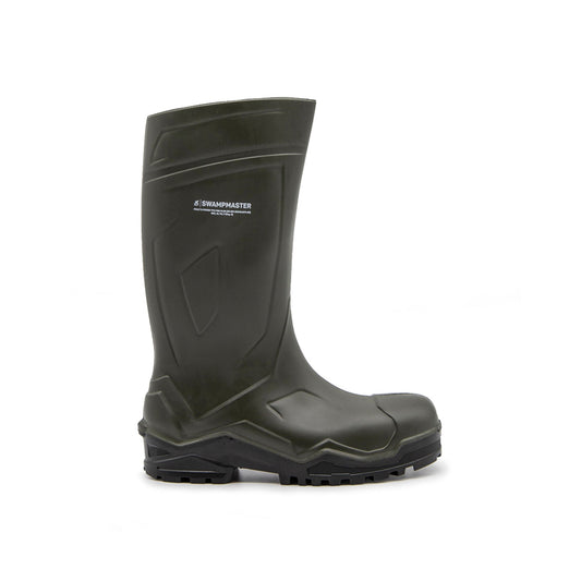 A single dark green Swampmaster Pro Defender+ S5 Safety Wellington boot by Cottonmount, featuring a thick sole and mid-calf height for rugged outdoor use. Designed with a composite toecap for added protection, the boot is displayed on a plain white background.