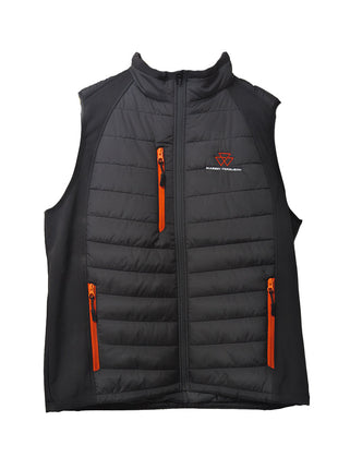 Introducing the AGCO Massey Ferguson Gilet - RS238MF, available in sizes XS to 2XL; this black sleeveless padded jacket features a front zipper, two vertical pockets with orange zippers, and an embroidered Massey Ferguson logo on the left chest, making it ideal for outdoor adventures.