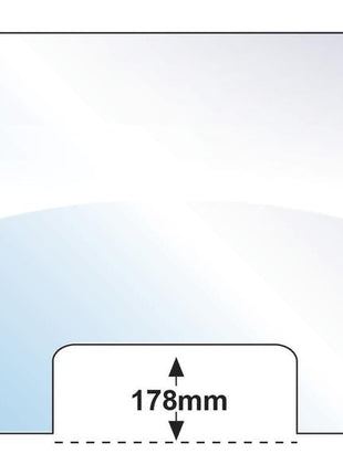 A rectangular piece of glass with a concave notch at the bottom edge, clearly labeled "178mm" to indicate the width of the notch, is precisely designed for MF 350 and sold under the product name Windscreen (Sparex Part Number: S.10001) by Sparex.