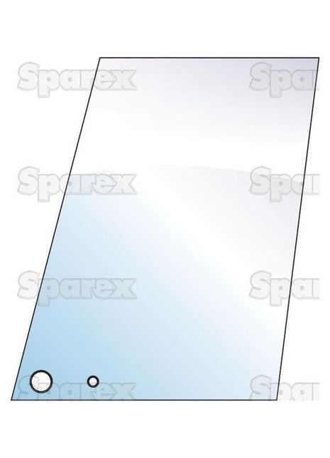 Illustration of a rectangular glass panel, labeled as Sparex Part No.S.10003, featuring two circular holes of different sizes near the corner. The word "Sparex" is watermarked multiple times across the image. This Door Glass RH & LH panel, ideal for Massey Ferguson machinery, is designed to fit seamlessly with a gas strut attachment.