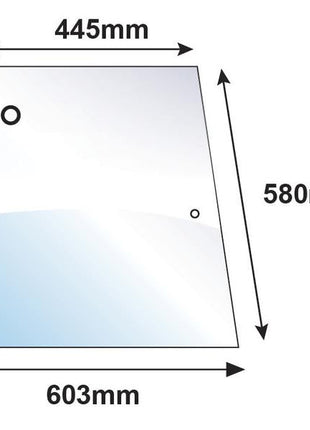 A trapezoidal sheet with three holes and dimensions: 445mm top width, 603mm bottom width, and 580mm height, ideal for Massey Ferguson cab S/N applications or fitting with glazing rubber. Product Name: Side Glass LH/RH | Sparex Part No.S.10006 by Sparex.