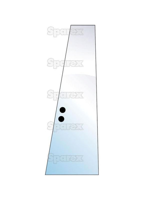 Green tinted triangular glass panel with two circular holes in the center, labeled with the Sparex watermark. Ideal for Massey Ferguson tractor parts. Product Name: Door Glass RH & LH | Sparex Part No.S.10038