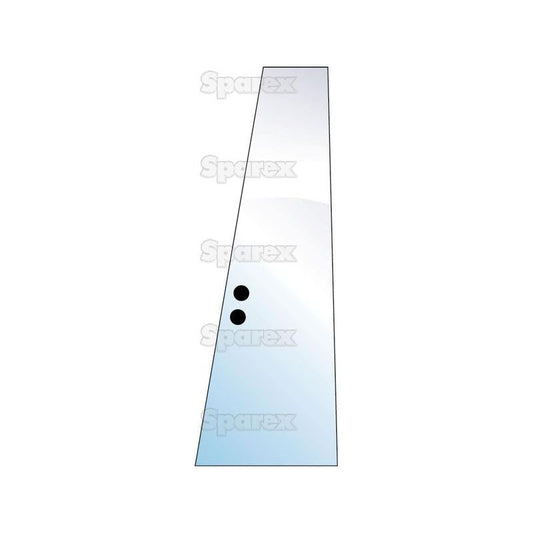 Green tinted triangular glass panel with two circular holes in the center, labeled with the Sparex watermark. Ideal for Massey Ferguson tractor parts. Product Name: Door Glass RH & LH | Sparex Part No.S.10038