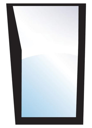 Image of the Lower Front Glass LH (Sparex Part No.S.100434) by Sparex, featuring a tall, asymmetrical black frame with a slightly irregular shape and a reflective surface, enhanced by glazing rubber for added durability.