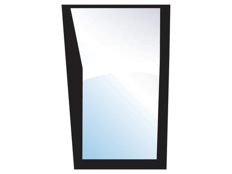 Image of the Lower Front Glass LH (Sparex Part No.S.100434) by Sparex, featuring a tall, asymmetrical black frame with a slightly irregular shape and a reflective surface, enhanced by glazing rubber for added durability.