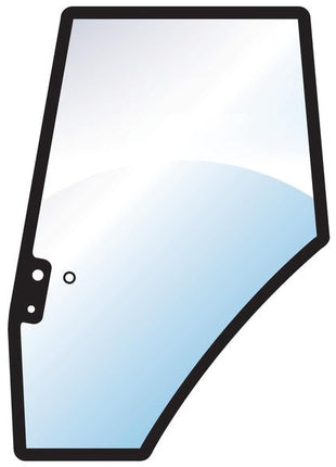 Illustration of the Door Glass LH with a black border, showing a clear view through the glass. This Sparex Part No.S.100436 window, resembling those found in Massey Ferguson vehicles, has a slight tint with three holes near the left side for added functionality.