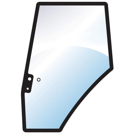 Illustration of the Door Glass LH with a black border, showing a clear view through the glass. This Sparex Part No.S.100436 window, resembling those found in Massey Ferguson vehicles, has a slight tint with three holes near the left side for added functionality.
