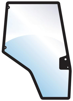 A diagram of the Door Glass RH (Sparex Part Number: S.101068) from Sparex shows a vehicle window glass pane with a black frame, featuring an irregular shape and a small mounting hole on the side, making it ideal for use with RH Gas Strut components.