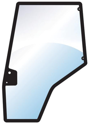 A diagram of the Door Glass LH (Sparex Part Number: S.101070) by Sparex, showcasing an irregularly shaped, transparent panel with a black border and two small plus-sign symbols on its upper right side, featuring a curved design.