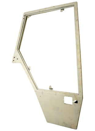 A Sparex Door Frame RH (Sparex Part No. S.101086) features a cutout for a window and a rectangular hole in the lower panel. The light grey Massey Ferguson-compatible frame does not come with installed glass or interior cladding.