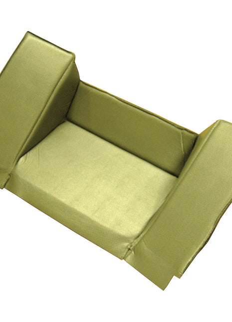 Minimalistic, olive green foam couch featuring side armrests and a backrest, reminiscent of the sturdy build seen in Massey Ferguson machinery; designed with the robust quality of Sparex's Back Panel Trim (Sparex Part No. S.101532).