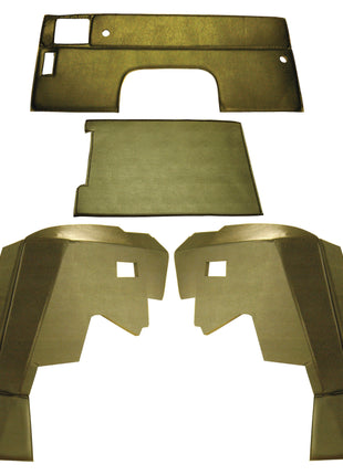 The Complete Trim Kit for one Door (Sparex Part No. S.101539) includes five olive-green cut-out components arranged on a white background, featuring four uniquely shaped parts and one rectangular piece, making it ideal for OEM part replacement in Massey Ferguson 550 models. These high-quality pieces meet Sparex standards.