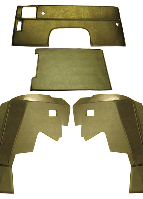 The Complete Trim Kit for two Doors (Sparex Part No. S.101540) from Sparex for the Massey Ferguson 550 includes four pieces: a rectangular piece, a square piece, and two identical side pieces with angular features and cutouts. Detailed product specifications are available through Sparex.