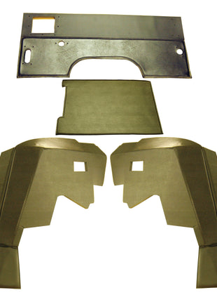 Four pieces of car interior panels, including a gray dashboard cover, a rectangular center console, and two side panels, arranged on a white background. This set could be identified using the Sparex Part No. S.101543 found in the Massey Ferguson 565 or Sparex catalogs for the Complete Trim Kit for one Door from Sparex.