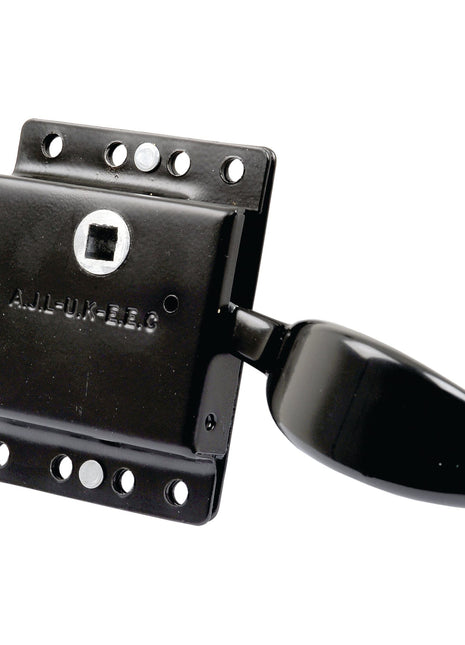 A black metal latch lock with a lever handle and four mounting holes, engraved with the text "AJI-UK-B.B.C"—perfect for your Massey Ferguson machinery. This is the Inner Slam Lock RH by Sparex, Part No. S.101570.