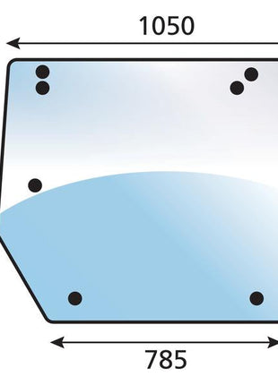 A diagram displaying a tinted green glass pane identified as the Rear Window (Sparex Part Number: S.102434) with dimensions of 1050mm in width, 880mm in height, and 785mm at the base. Ten black circles denote mounting points. The pane is engineered for use with Sparex Glazing rubber to ensure secure installation.