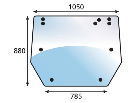 A diagram displaying a tinted green glass pane identified as the Rear Window (Sparex Part Number: S.102434) with dimensions of 1050mm in width, 880mm in height, and 785mm at the base. Ten black circles denote mounting points. The pane is engineered for use with Sparex Glazing rubber to ensure secure installation.