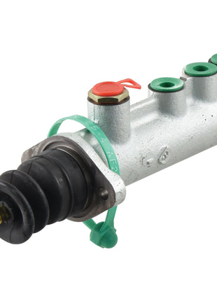 A Sparex Brake Master Cylinder from Massey Ferguson, part number S.102604, featuring a silver hydraulic clutch master cylinder with four ports, a black rubber boot, a threaded rod end, and a green plastic strap attached.