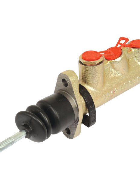 A Sparex Brake Master Cylinder, part number S.102631, designed for Massey Ferguson tractors, featuring a brass construction with three outlets and a black rubber boot on one end.