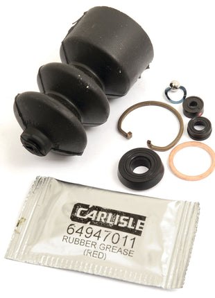 A Brake Master Cylinder Repair Kit (Sparex Part No. S.102701) from Sparex, comprising mechanical parts such as rubber seals, metal rings, and a packet of Carlisle rubber grease, designed to be compatible with the Brake Master Cylinder for Fendt FARMER tractors.