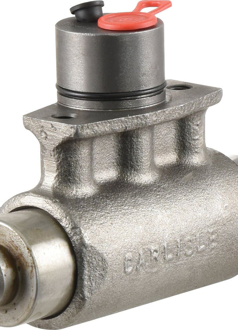 The Brake Slave Cylinder (LH) | Sparex Part No. S.102714 by Sparex is a silver-gray hydraulic cylinder with a black and red valve on top, compatible with mineral oil, used for controlling fluid flow in Massey Ferguson machinery.