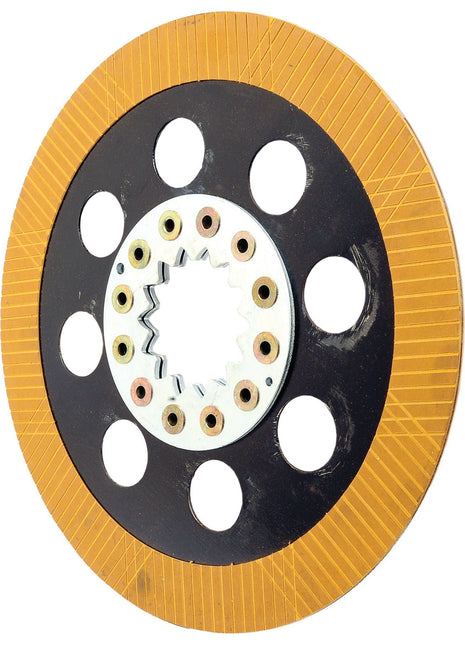 A circular Brake Friction Disc from Sparex, with a black inner ring, yellow outer ring, nine large holes, and a central spline gear suitable for the Massey Ferguson 5475. Product code: S.102745 with an outside diameter of 354mm.