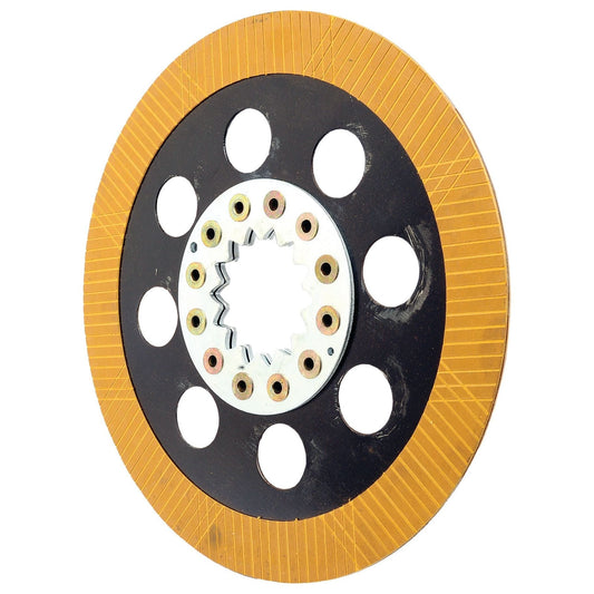 A circular Brake Friction Disc from Sparex, with a black inner ring, yellow outer ring, nine large holes, and a central spline gear suitable for the Massey Ferguson 5475. Product code: S.102745 with an outside diameter of 354mm.