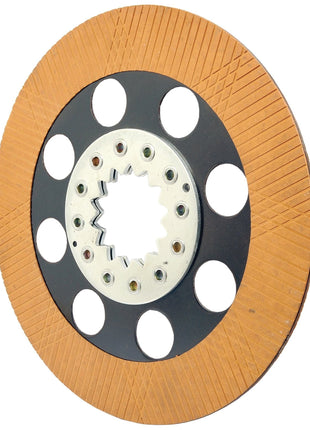 A Sparex Brake Friction Disc (OD 343mm - S.102746) with a patterned brown overlay, multiple circular cutouts, and a toothed central hole, perfect for Massey Ferguson machinery.