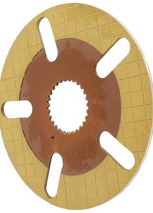 A Brake Friction Disc by Sparex (S.102748, OD 222mm) featuring a golden grid pattern, five elongated cutouts resembling a Massey Ferguson part, and a jagged inner ring.