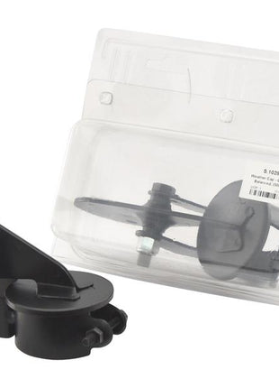 A black Weather Cap - Counter Balanced, Ø2'' (50mm), model S.10283, is displayed next to its clear plastic packaging.