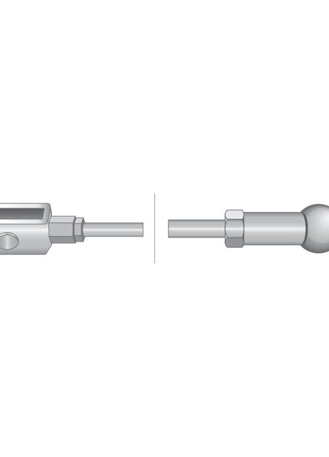 Illustration of two mechanical components: one with a U-shaped end and the other with a spherical tip, separated by a vertical line, resembling parts for a Sparex PTO Clutch Cable (Length: 1556mm, Outer cable length: 1175mm | Sparex Part No. S.103201).