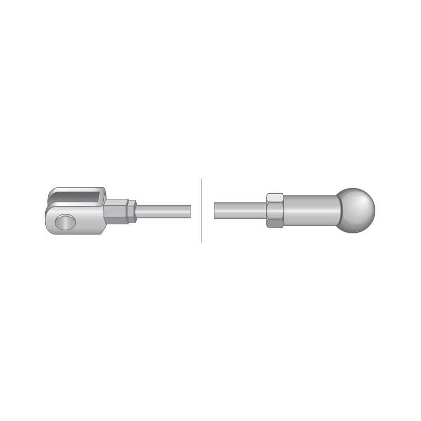 Illustration of two mechanical components: one with a U-shaped end and the other with a spherical tip, separated by a vertical line, resembling parts for a Sparex PTO Clutch Cable (Length: 1556mm, Outer cable length: 1175mm | Sparex Part No. S.103201).