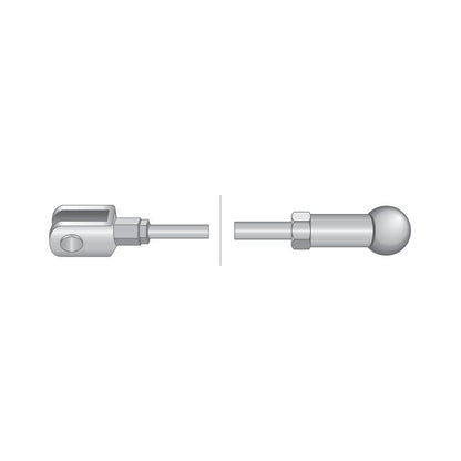Illustration of two mechanical components: one with a U-shaped end and the other with a spherical tip, separated by a vertical line, resembling parts for a Sparex PTO Clutch Cable (Length: 1556mm, Outer cable length: 1175mm | Sparex Part No. S.103201).