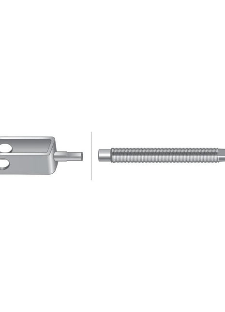 Two components: a clevis end with two holes on the left and a threaded rod with complex ridges on the right, aligned horizontally against a white background, reminiscent of precision-engineered parts from Sparex for Case IH machinery. This is the PTO Clutch Cable (Sparex Part No. S.103220) featuring a length of 660mm and an outer cable length of 427mm.