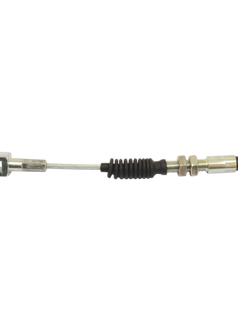 Use the Sparex Brake Cable (Sparex Part No. S.103269) for optimal performance on Massey Ferguson tractors; it features a 945mm mechanical cable with a metal loop at one end and a threaded fitting at the other, connected by a flexible section with spring. The outer cable length is 708mm.