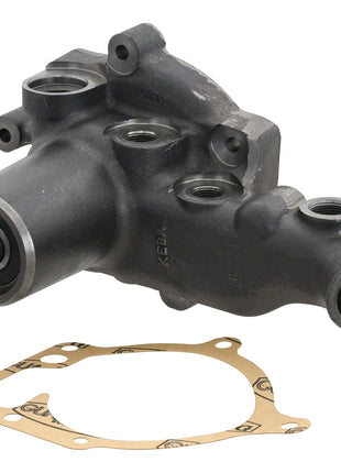 A Water Pump Assembly - S.103328 by Sparex, featuring a gray exterior with black and metal components, and including a tan gasket, designed for use in Massey Ferguson machinery.