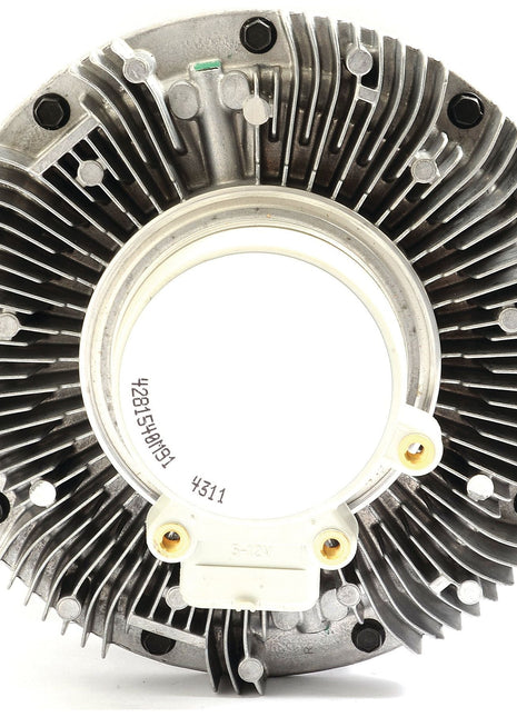 The Sparex Viscous Fan Drive (Sparex Part No. S.104713) is a circular, metallic mechanical component featuring multiple radial fins and various screws along the outer edge. Its center includes a white plastic piece marked with numbers. This fan drive is compatible with Massey Ferguson models and manufactured by Sparex for optimal performance.