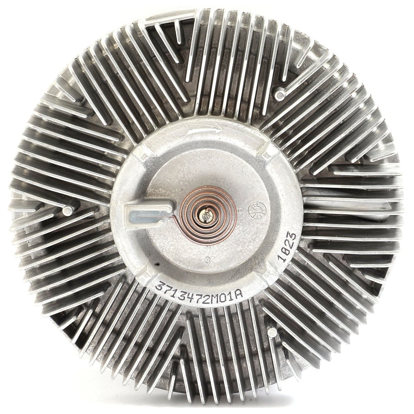 An up-close image of a metal Viscous Fan Drive with visible fins and a central mounting area. The product, model number "37134-7ZMO1A" and the number "1823", is ideal for Massey Ferguson vehicles and distributed by Sparex under the part number S.104717.