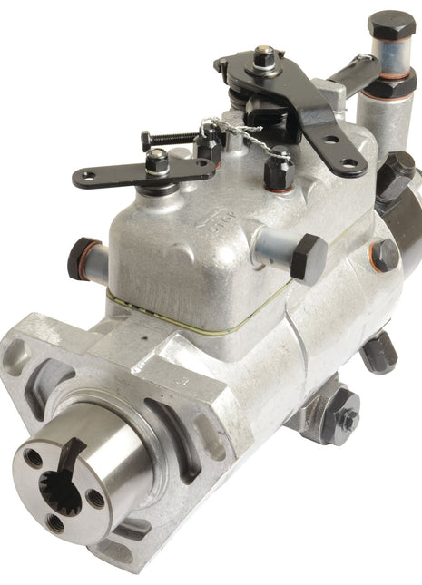 Close-up view of the Fuel Injection Pump (Sparex Part No.S.105958) by Sparex, showcasing its silver finish, bolts, levers, connectors, and featuring the hydraulic timing device for optimal performance.