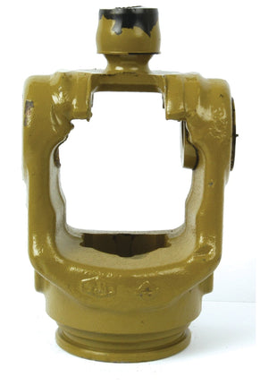 The PTO Wide Angle Tube Yoke by Sparex is a metal industrial part with a U-shaped opening, designed to meet universal joint dimensions (36 x 89 & 32 x 106mm), and features a yellow-brown coating.