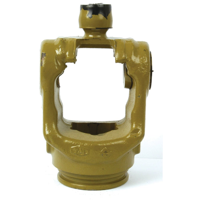 The PTO Wide Angle Tube Yoke by Sparex is a metal industrial part with a U-shaped opening, designed to meet universal joint dimensions (36 x 89 & 32 x 106mm), and features a yellow-brown coating.