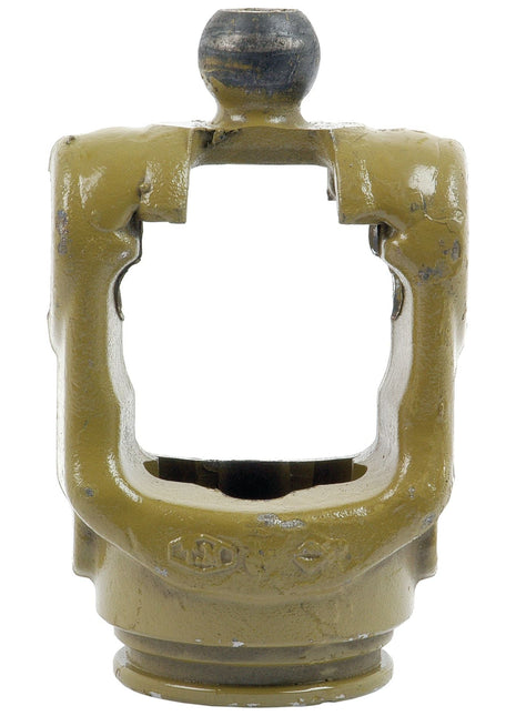 A worn, yellow metal PTO Wide Angle Tube Yoke with a spherical end, used in mechanical assemblies, compatible with Universal Joint Dimensions from the Sparex German Series (U/J Size: 36 x 89 & 32 x 106mm), Profile: Star, Size: 61 x 47 x 4mm, Ref: S5G. | Sparex Part No.S.10596.