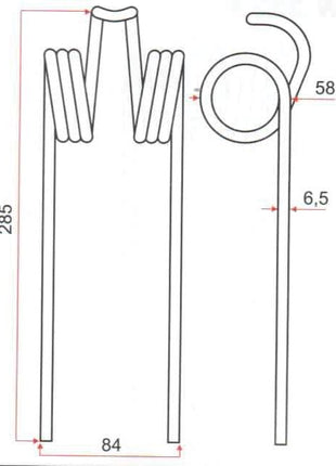 Technical drawing of a Sparex Pick-Up Tine, designed as a replacement for the Massey Ferguson part number 1803425M1 (Sparex Part No. S.106258). The Pick-Up Tine measures 285mm in length, 84mm in width, with a wire diameter of Ø6.5mm and features a coiled middle section compatible with Massey Ferguson machinery.