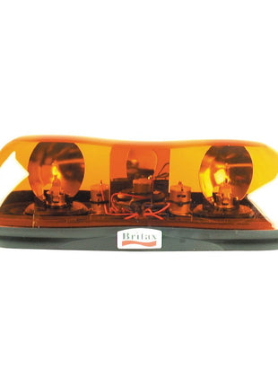 An amber rotating Halogen Aerolite Bar by Sparex, with an IP65 rating, features two internal bulbs and is mounted on a black base. The Sparex logo is visible on the front. This emergency vehicle light bar measures 420mm in length and operates at 24 volts (Product Code: S.10643).