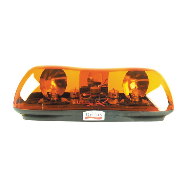 An amber rotating Halogen Aerolite Bar by Sparex, with an IP65 rating, features two internal bulbs and is mounted on a black base. The Sparex logo is visible on the front. This emergency vehicle light bar measures 420mm in length and operates at 24 volts (Product Code: S.10643).