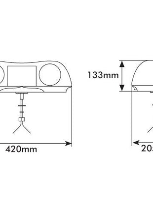 Technical drawing of a Sparex Halogen Aerolite Bar - Halogen - 1 Bolt (S.10656), showing front and side views. The front view includes dimensions of 420mm width and 133mm height. The side view shows a depth of 205mm and the same height of 133mm, designed to meet IP65 standards.