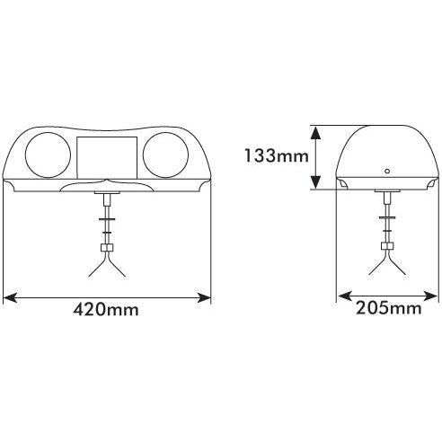 Technical drawing of a Sparex Halogen Aerolite Bar - Halogen - 1 Bolt (S.10656), showing front and side views. The front view includes dimensions of 420mm width and 133mm height. The side view shows a depth of 205mm and the same height of 133mm, designed to meet IP65 standards.