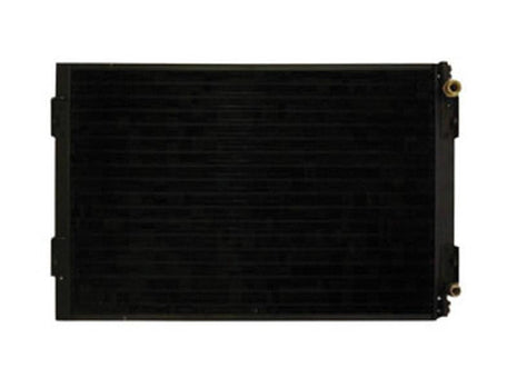 Image of the Sparex Condenser (Part number: S.106685), a black automotive radiator with a core thickness that ensures optimal cooling efficiency, featuring two metallic connection points on the right side.